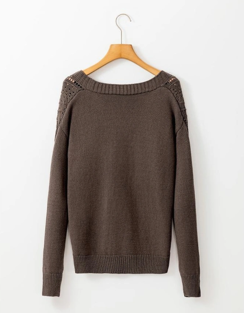 Dark Khaki Open Knit Drop Shoulder Sweater Cardigan