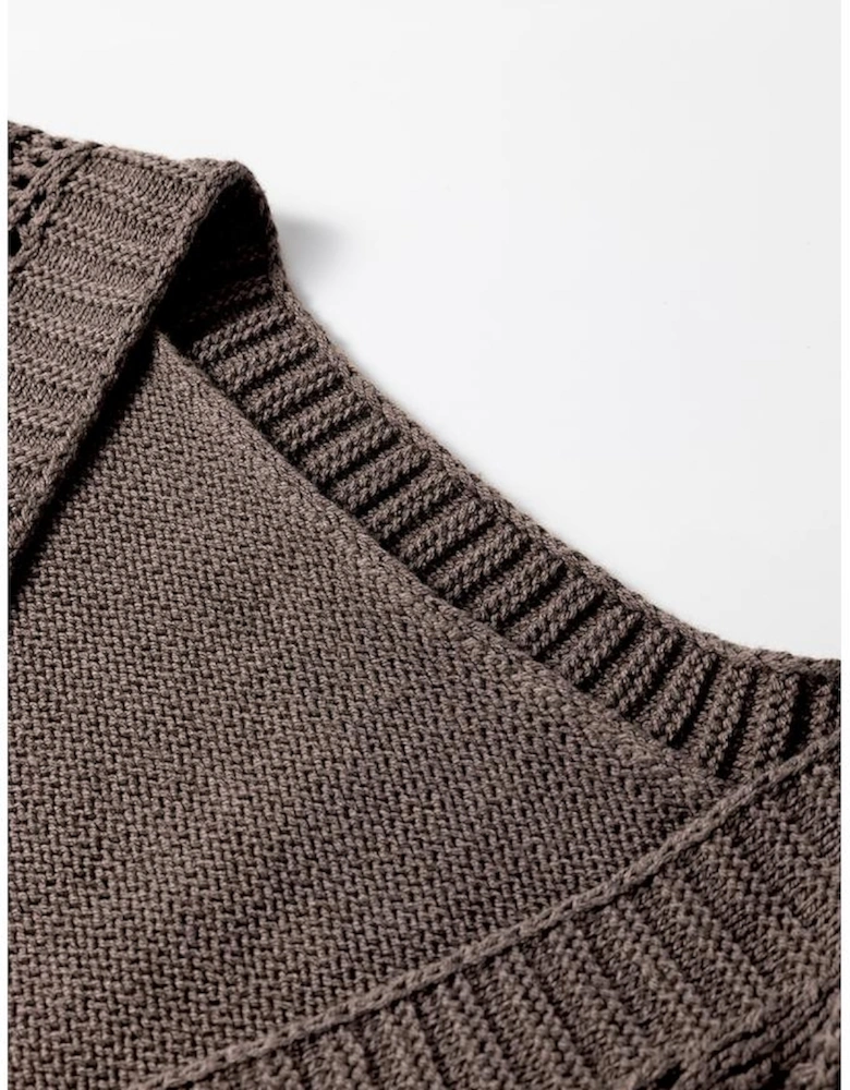Dark Khaki Open Knit Drop Shoulder Sweater Cardigan