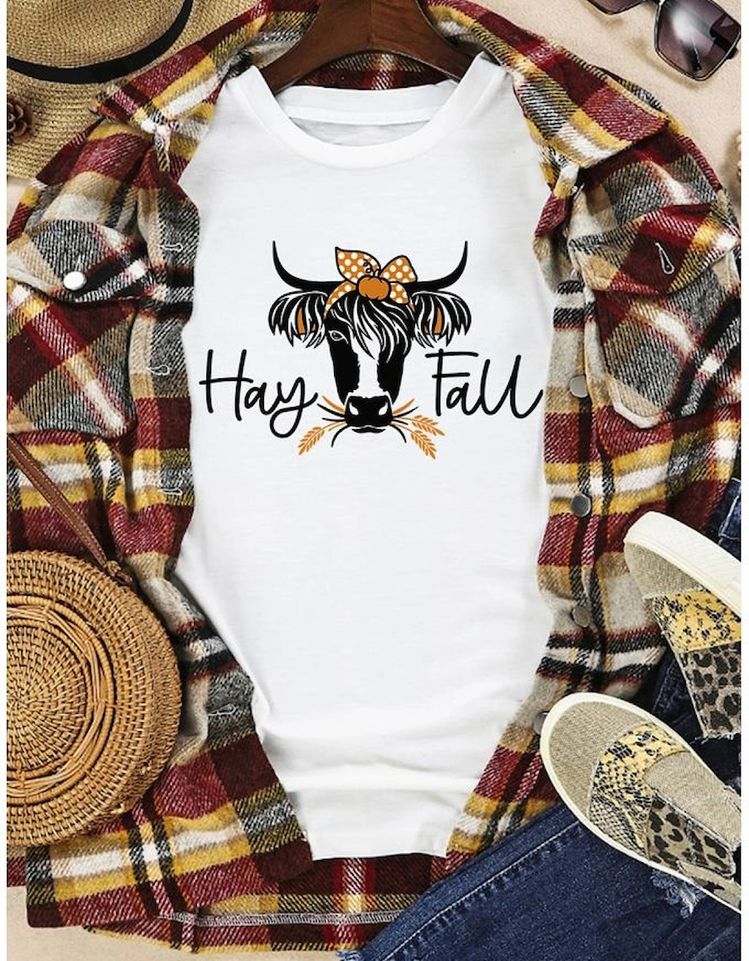 White Hay Fall Cow Head Graphic Tee