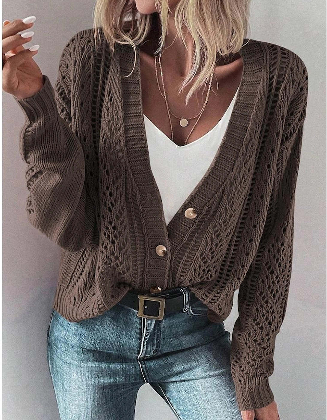 Dark Khaki Open Knit Drop Shoulder Sweater Cardigan