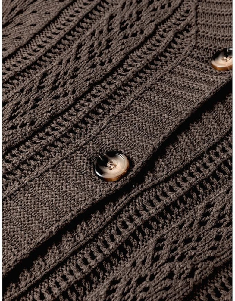 Dark Khaki Open Knit Drop Shoulder Sweater Cardigan