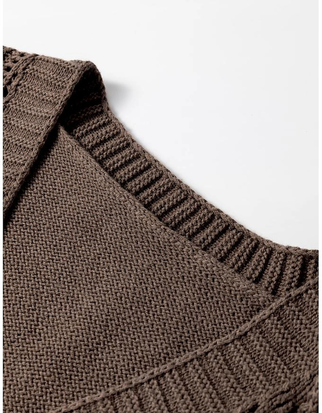 Dark Khaki Open Knit Drop Shoulder Sweater Cardigan