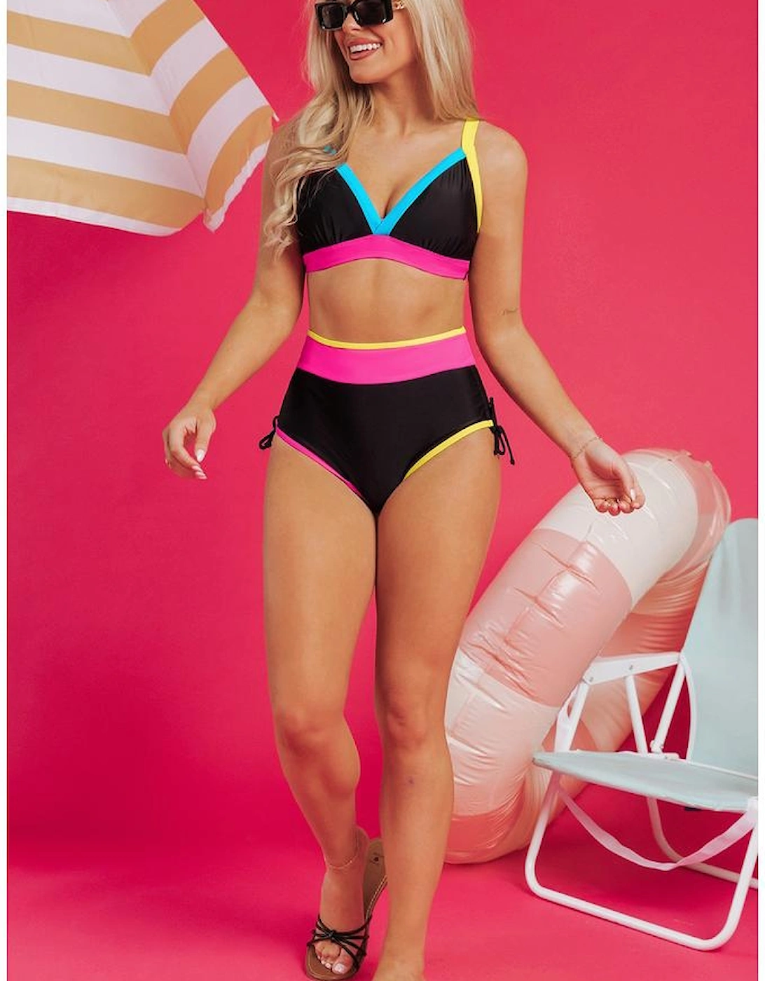 Black Color Block Drawstring Side V Neck High Waist Bikini Set