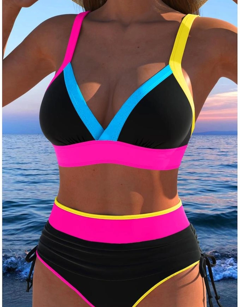 Black Color Block Drawstring Side V Neck High Waist Bikini Set