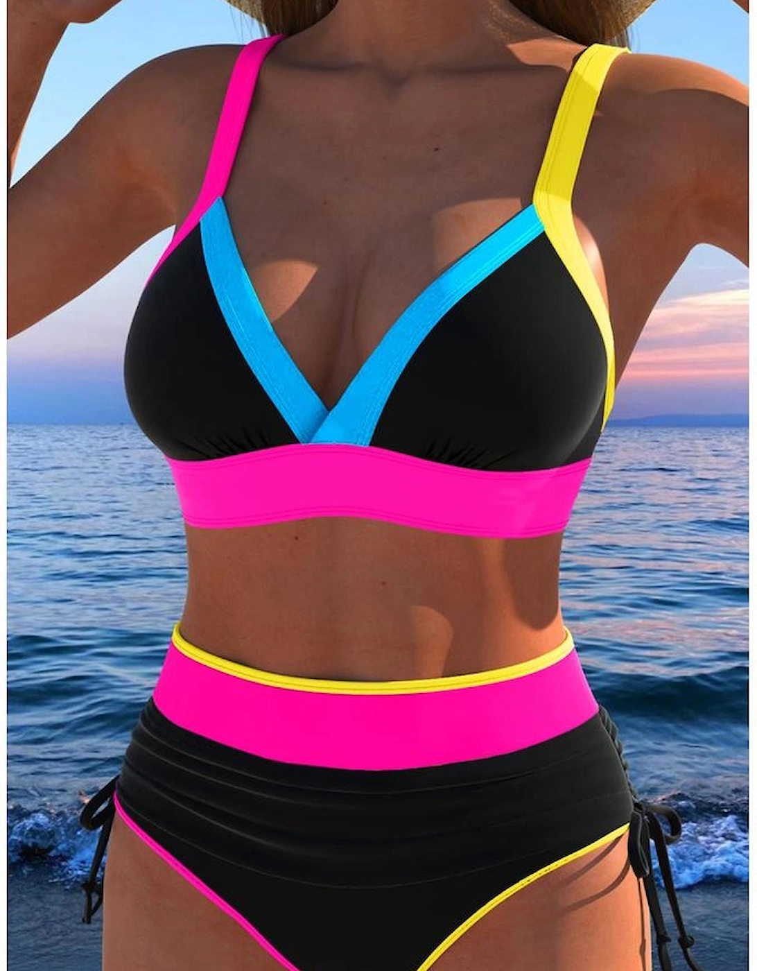 Black Color Block Drawstring Side V Neck High Waist Bikini Set