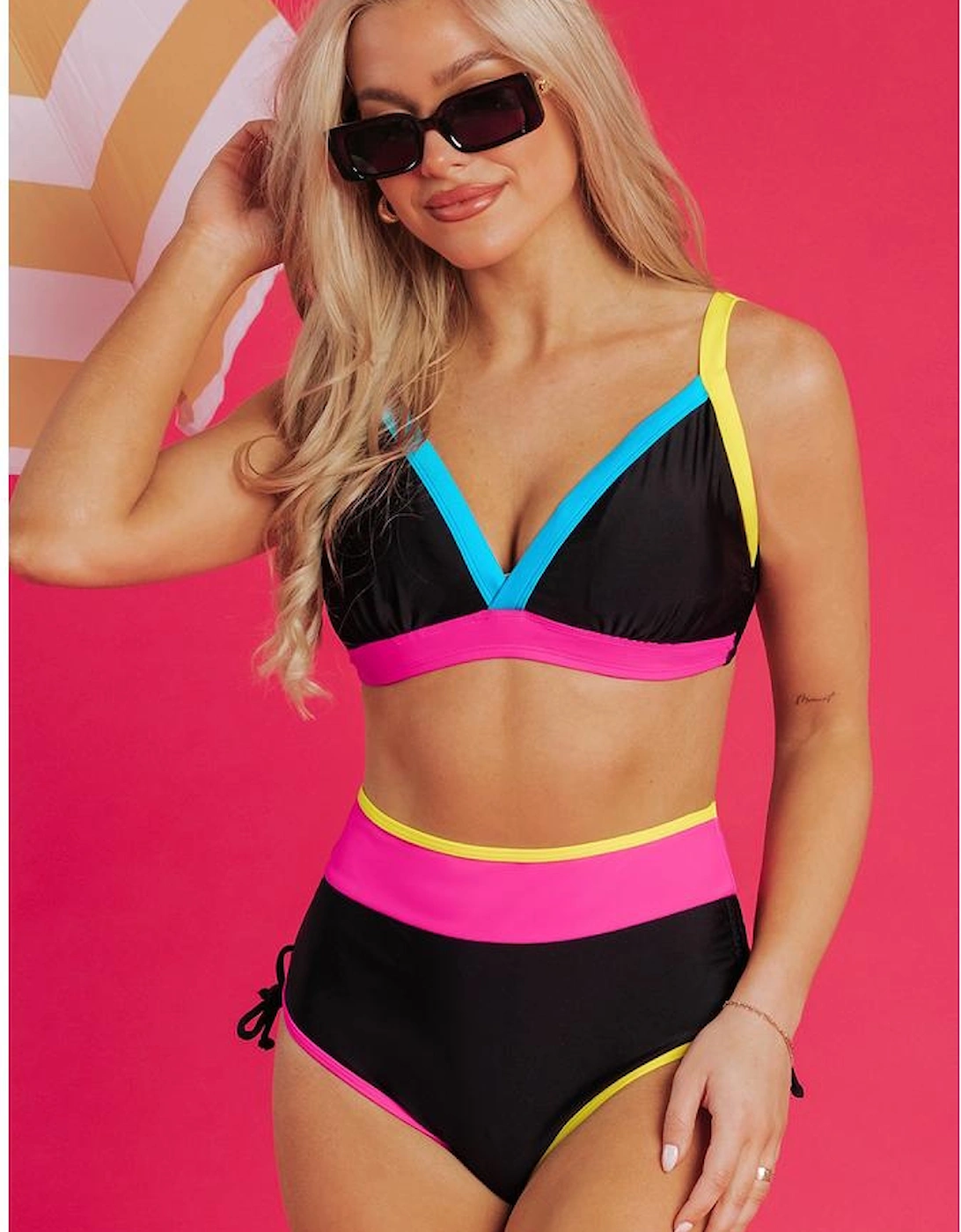Black Color Block Drawstring Side V Neck High Waist Bikini Set
