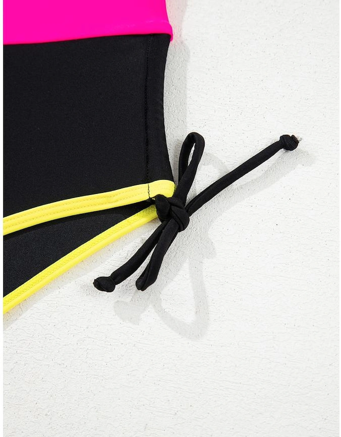 Black Color Block Drawstring Side V Neck High Waist Bikini Set