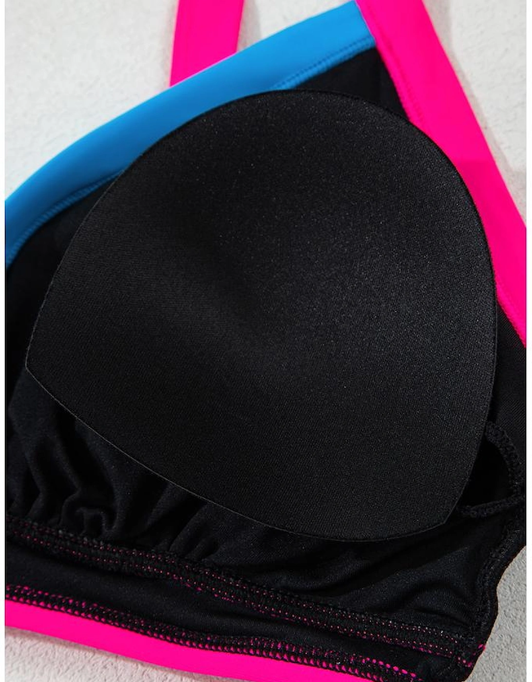 Black Color Block Drawstring Side V Neck High Waist Bikini Set, 16 of 15