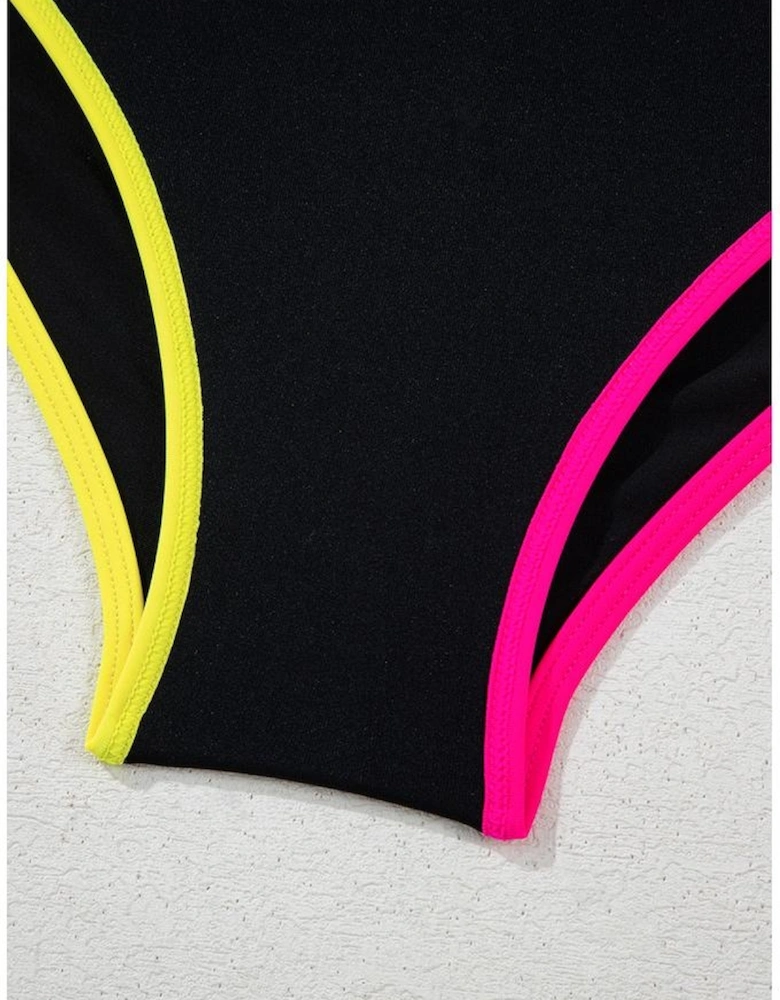 Black Color Block Drawstring Side V Neck High Waist Bikini Set