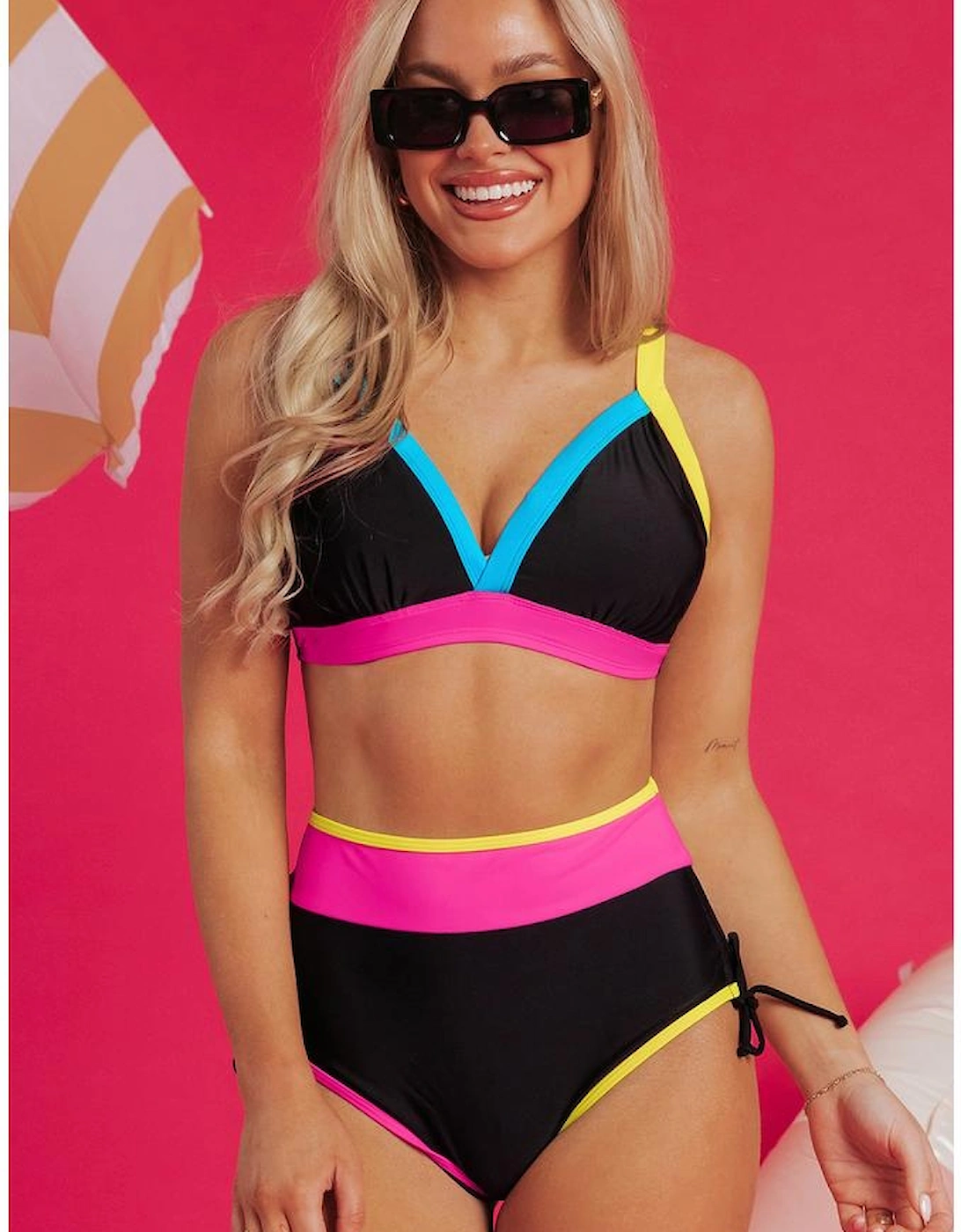 Black Color Block Drawstring Side V Neck High Waist Bikini Set