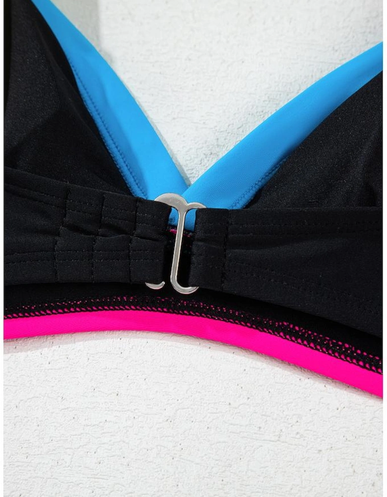 Black Color Block Drawstring Side V Neck High Waist Bikini Set