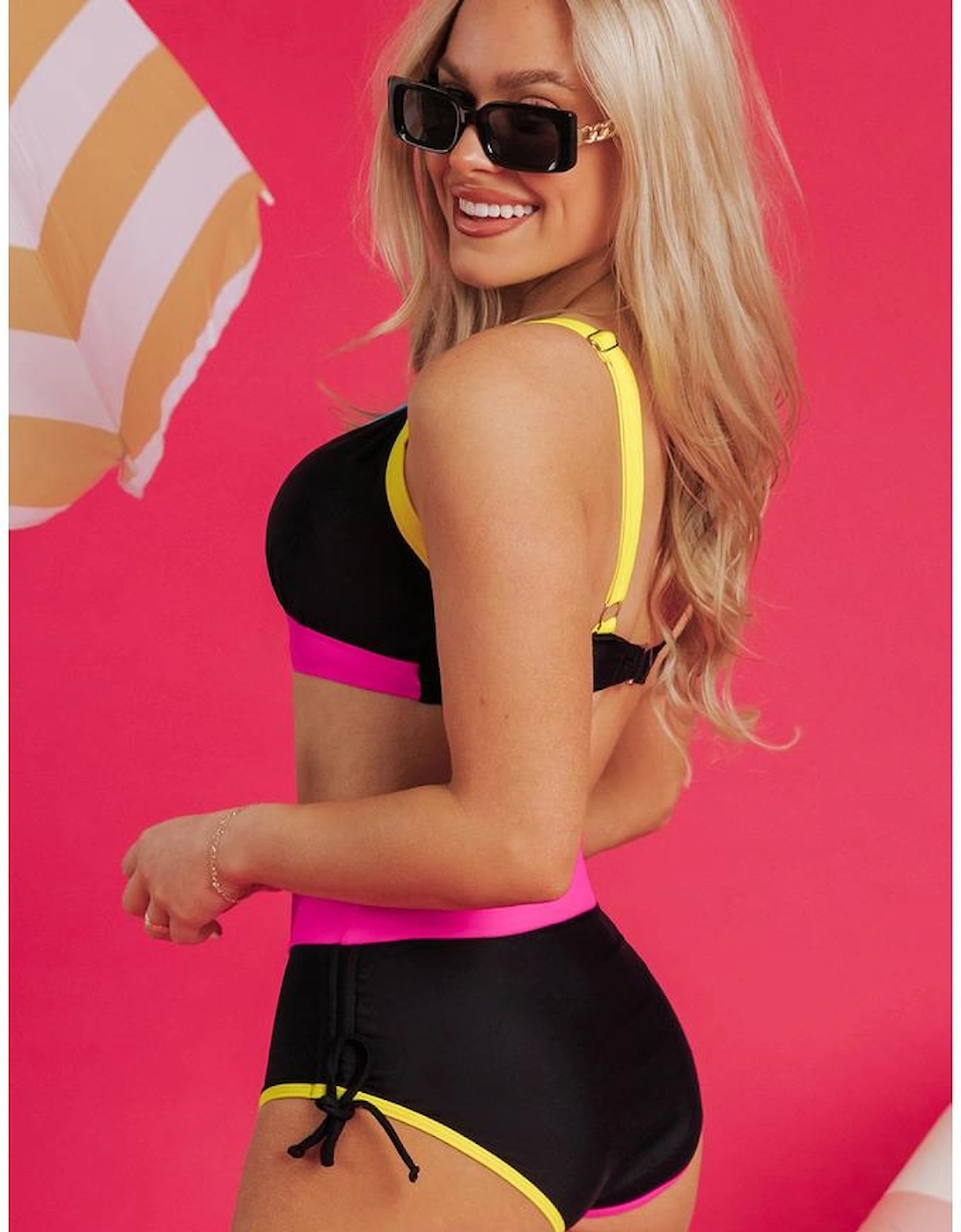 Black Color Block Drawstring Side V Neck High Waist Bikini Set