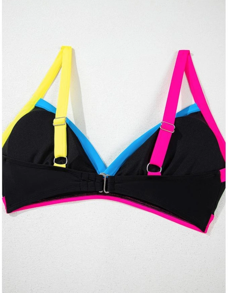 Black Color Block Drawstring Side V Neck High Waist Bikini Set