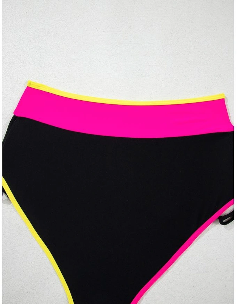 Black Color Block Drawstring Side V Neck High Waist Bikini Set