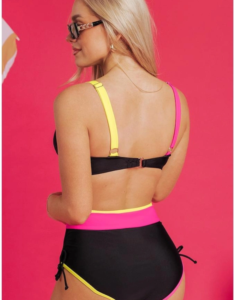 Black Color Block Drawstring Side V Neck High Waist Bikini Set