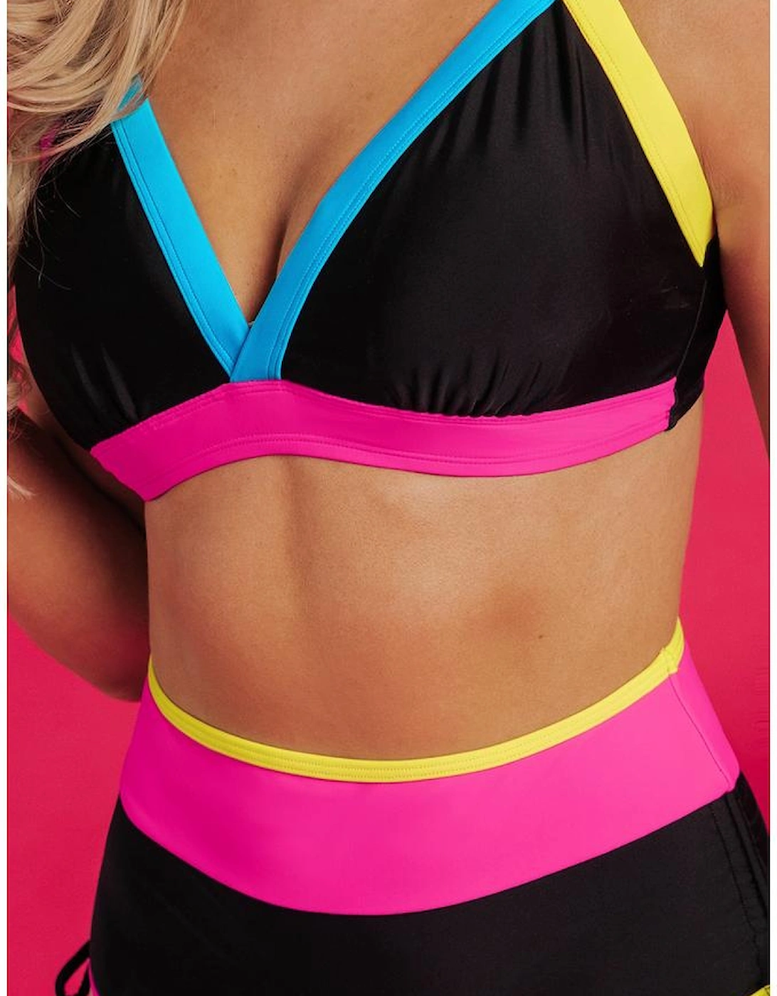 Black Color Block Drawstring Side V Neck High Waist Bikini Set