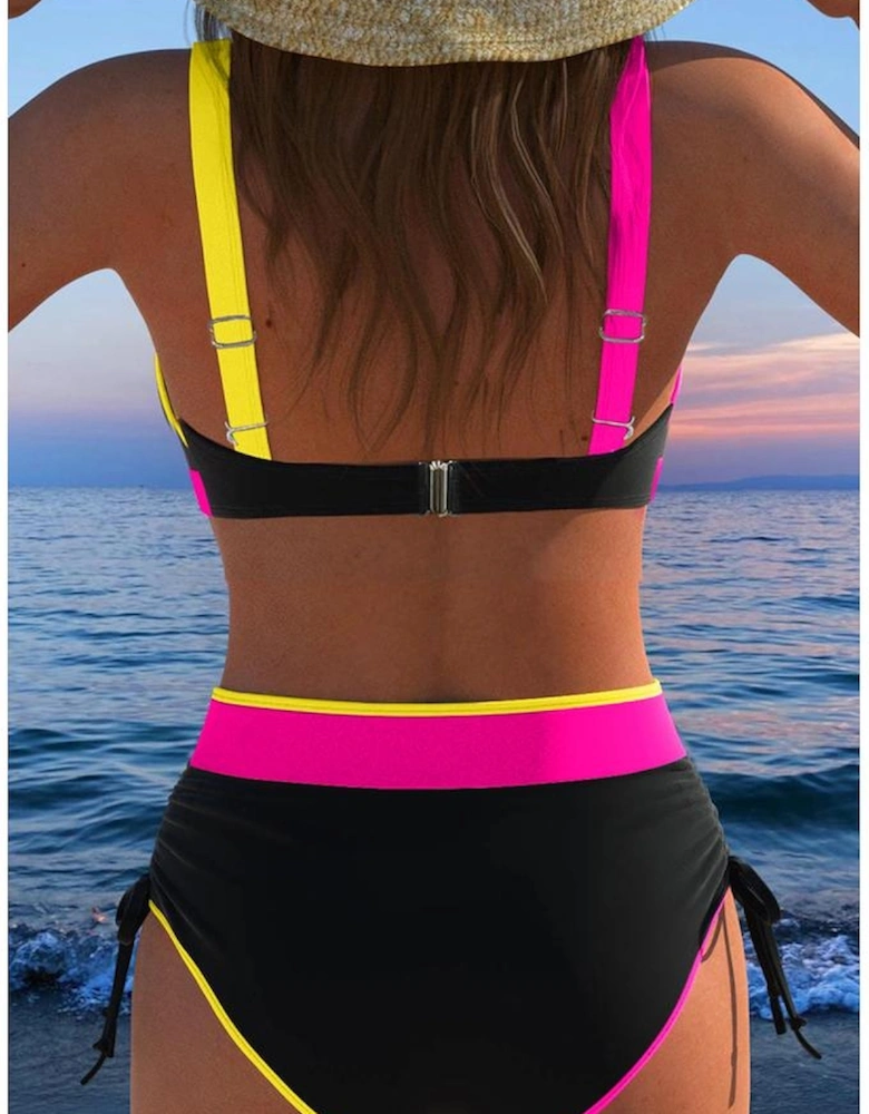 Black Color Block Drawstring Side V Neck High Waist Bikini Set