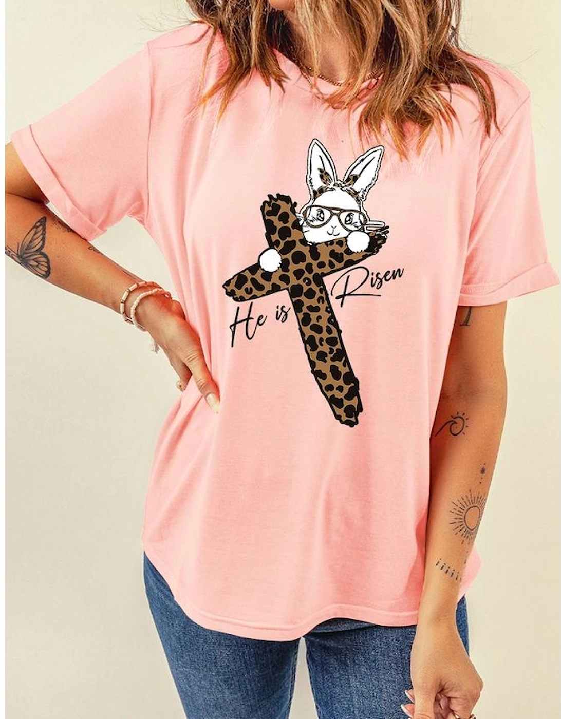 Pink He is Risen Easter Bunny Leopard Cross Graphic Tee, 6 of 5