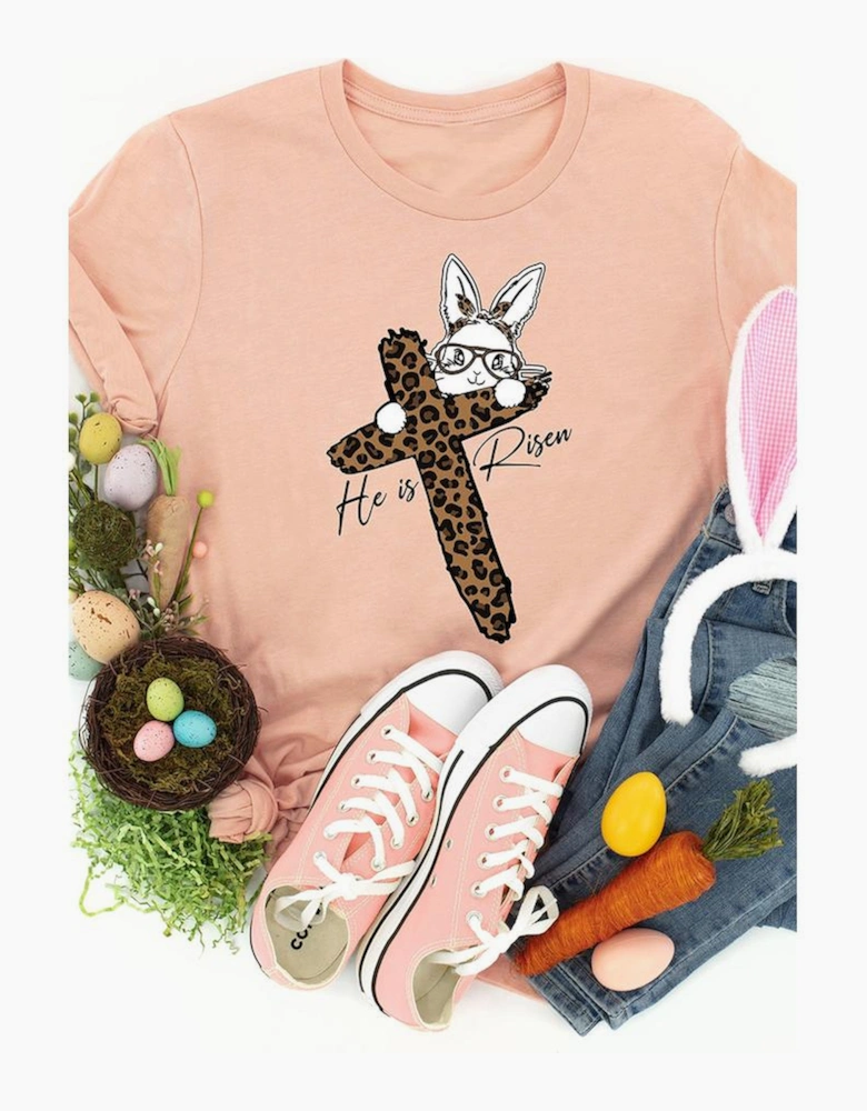 Pink He is Risen Easter Bunny Leopard Cross Graphic Tee