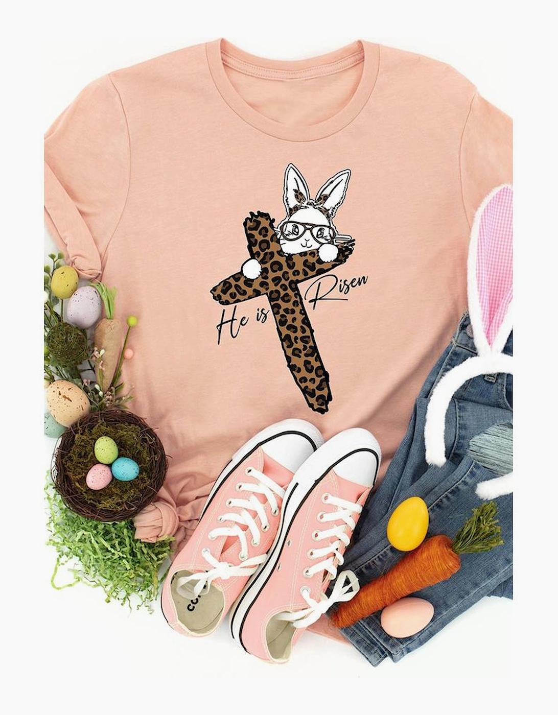 Pink He is Risen Easter Bunny Leopard Cross Graphic Tee