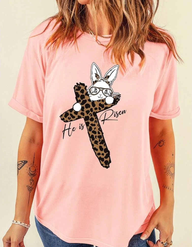 Pink He is Risen Easter Bunny Leopard Cross Graphic Tee