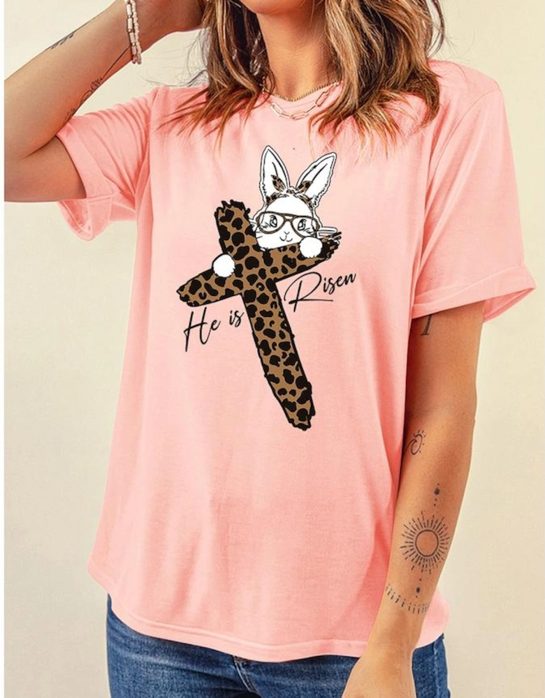 Pink He is Risen Easter Bunny Leopard Cross Graphic Tee