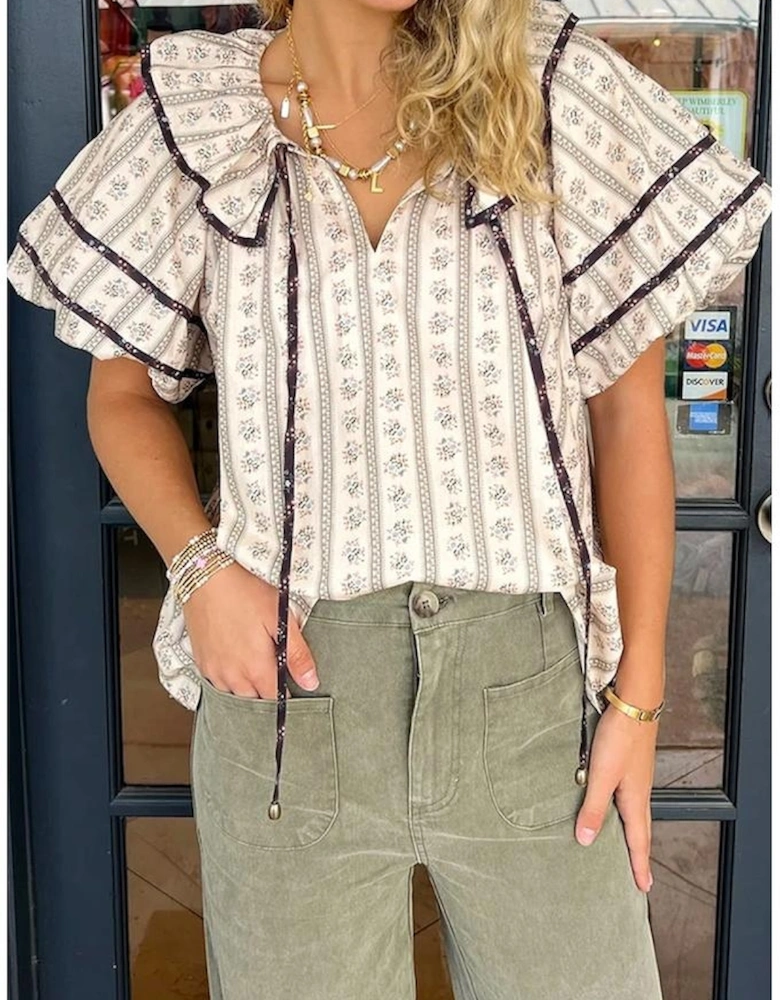 White Floral Ruffled Collar Short Puff Sleeve Printed Blouse