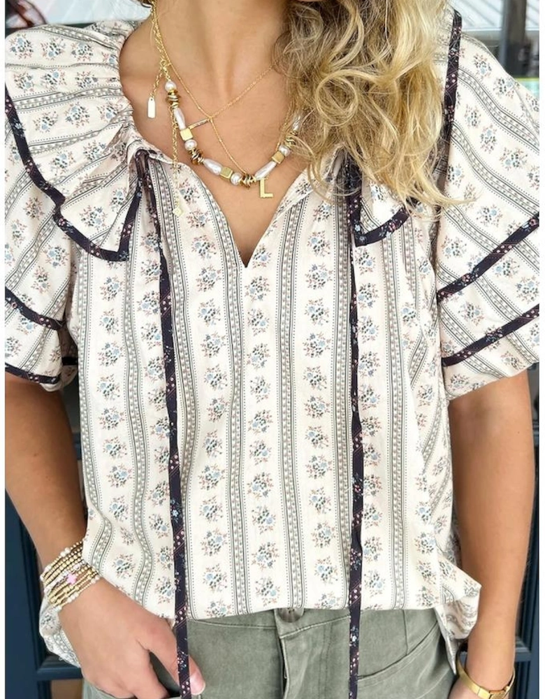 White Floral Ruffled Collar Short Puff Sleeve Printed Blouse