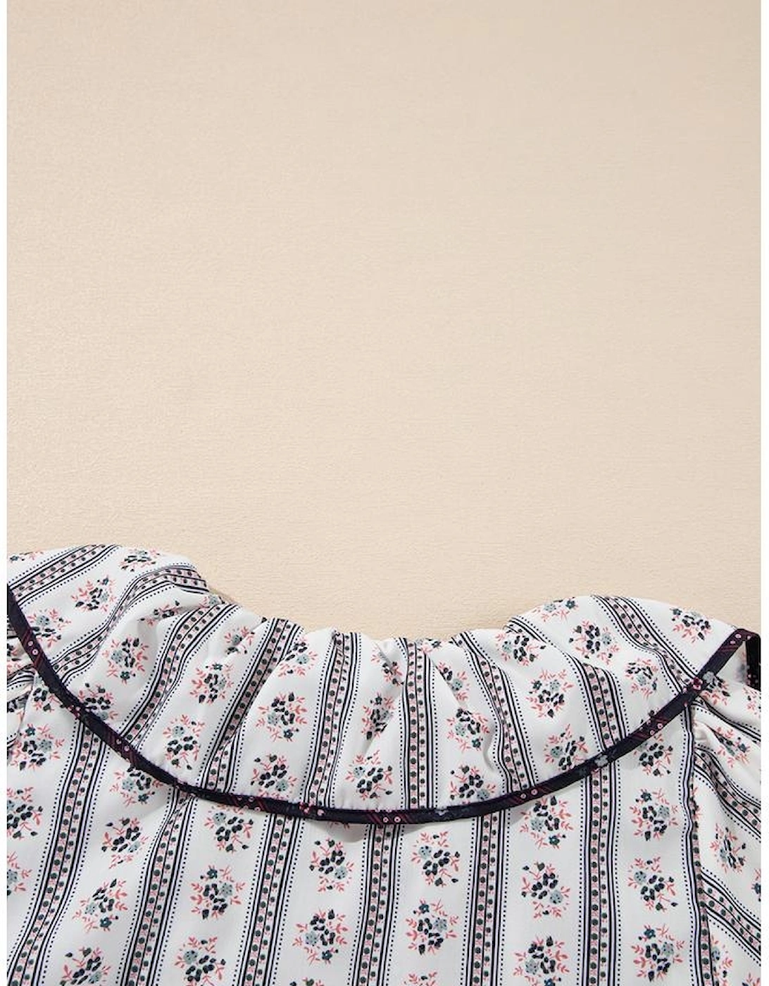 White Floral Ruffled Collar Short Puff Sleeve Printed Blouse