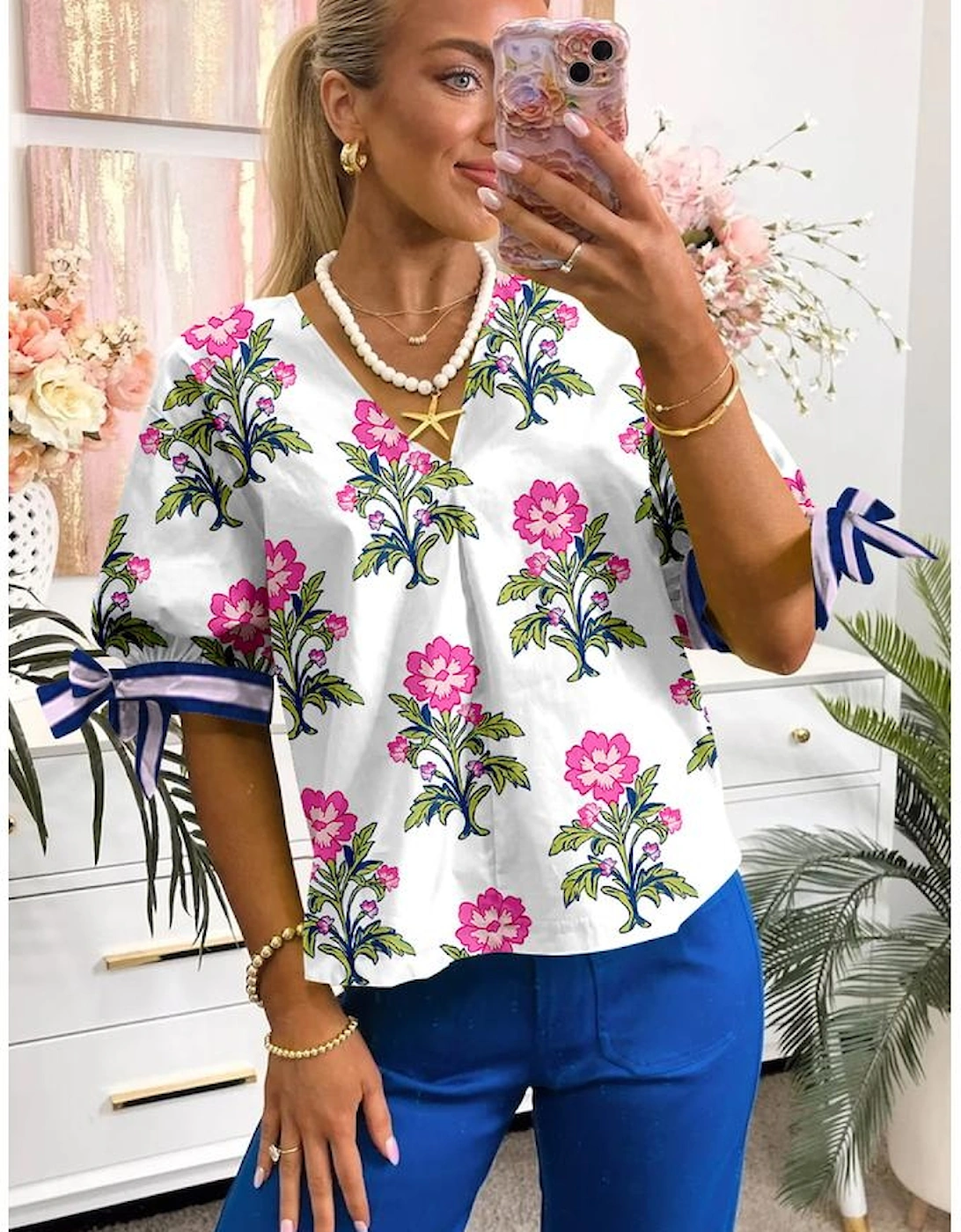 White Floral Colorblock Stripe Knot Bubble Sleeve V Neck Blouse