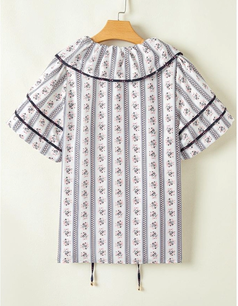White Floral Ruffled Collar Short Puff Sleeve Printed Blouse