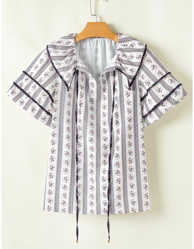 White Floral Ruffled Collar Short Puff Sleeve Printed Blouse