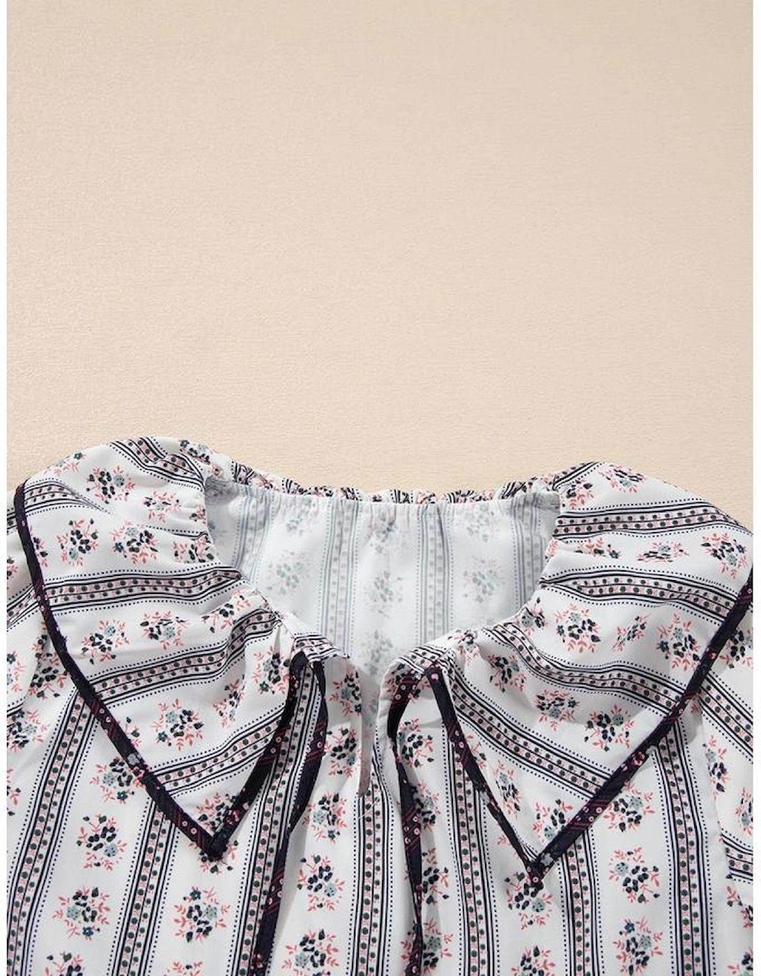 White Floral Ruffled Collar Short Puff Sleeve Printed Blouse