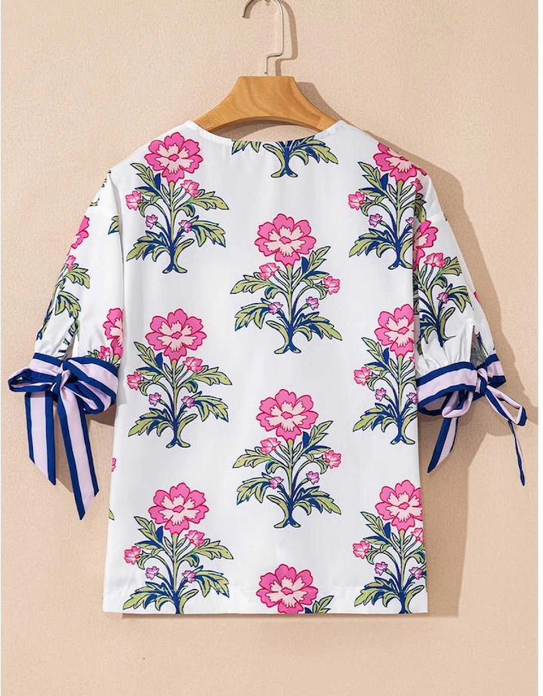 White Floral Colorblock Stripe Knot Bubble Sleeve V Neck Blouse