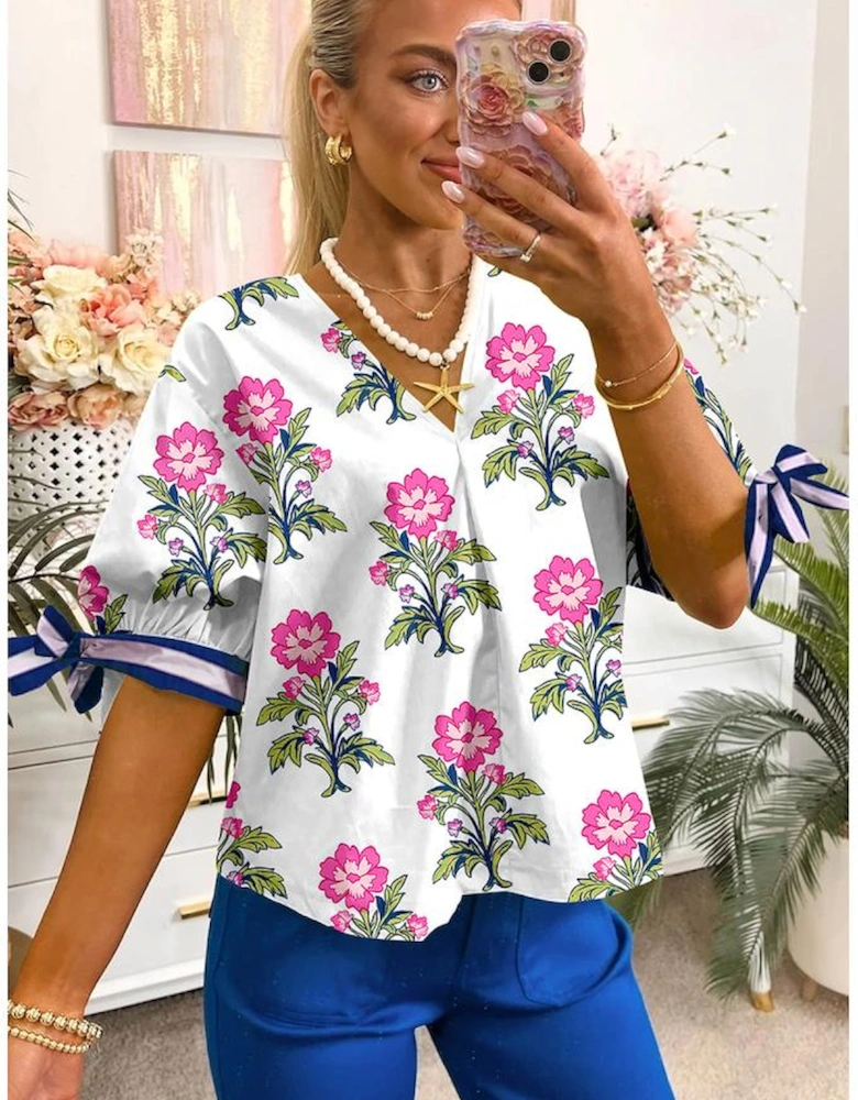 White Floral Colorblock Stripe Knot Bubble Sleeve V Neck Blouse