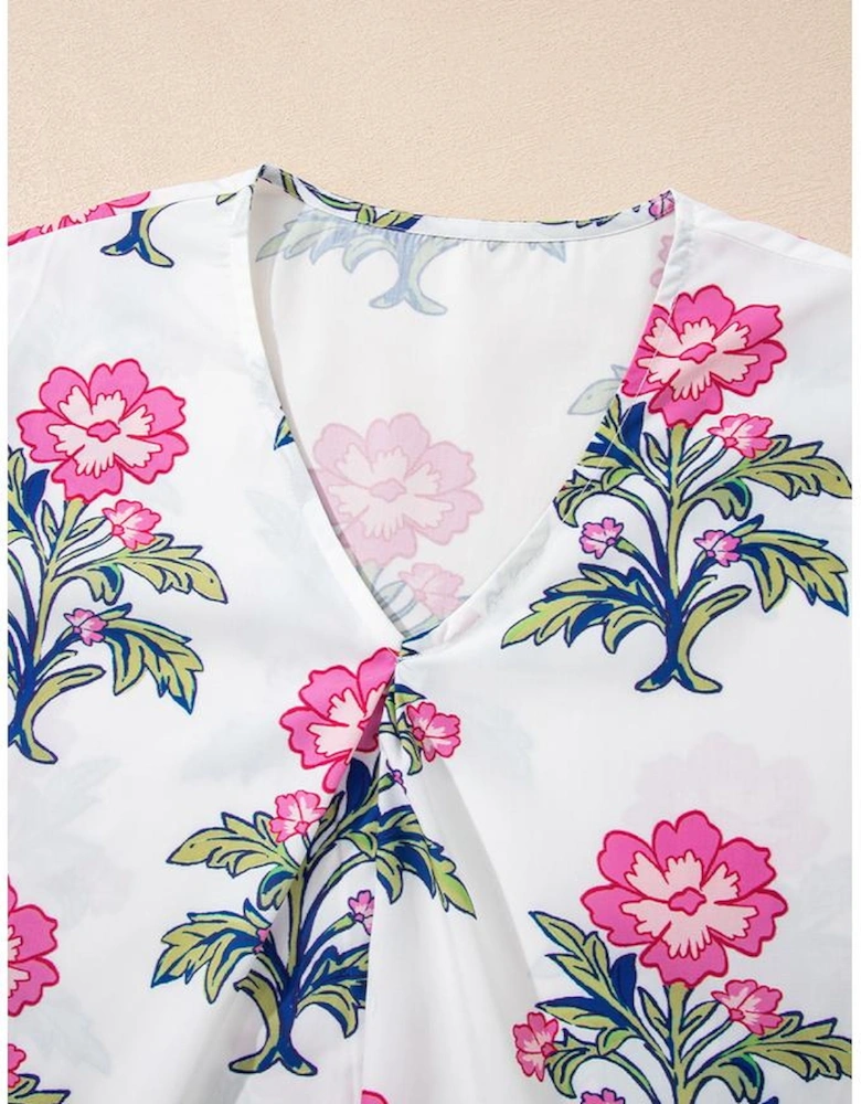 White Floral Colorblock Stripe Knot Bubble Sleeve V Neck Blouse