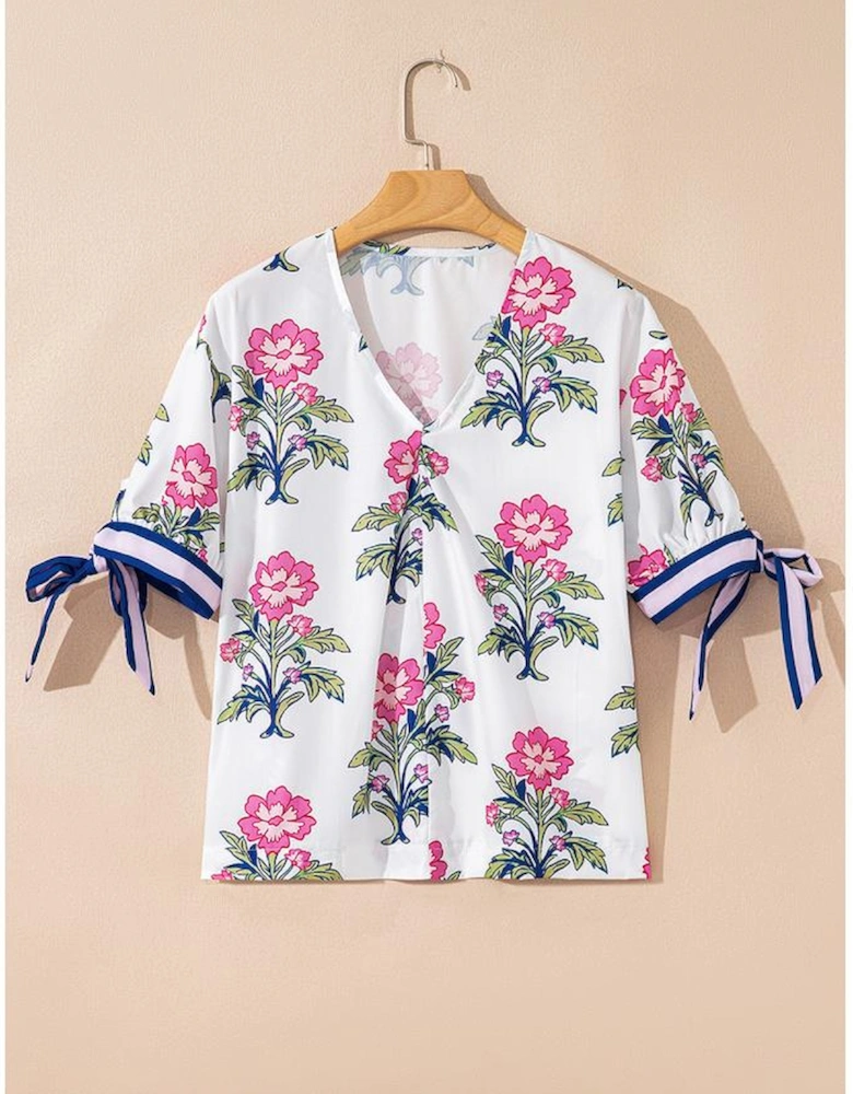 White Floral Colorblock Stripe Knot Bubble Sleeve V Neck Blouse