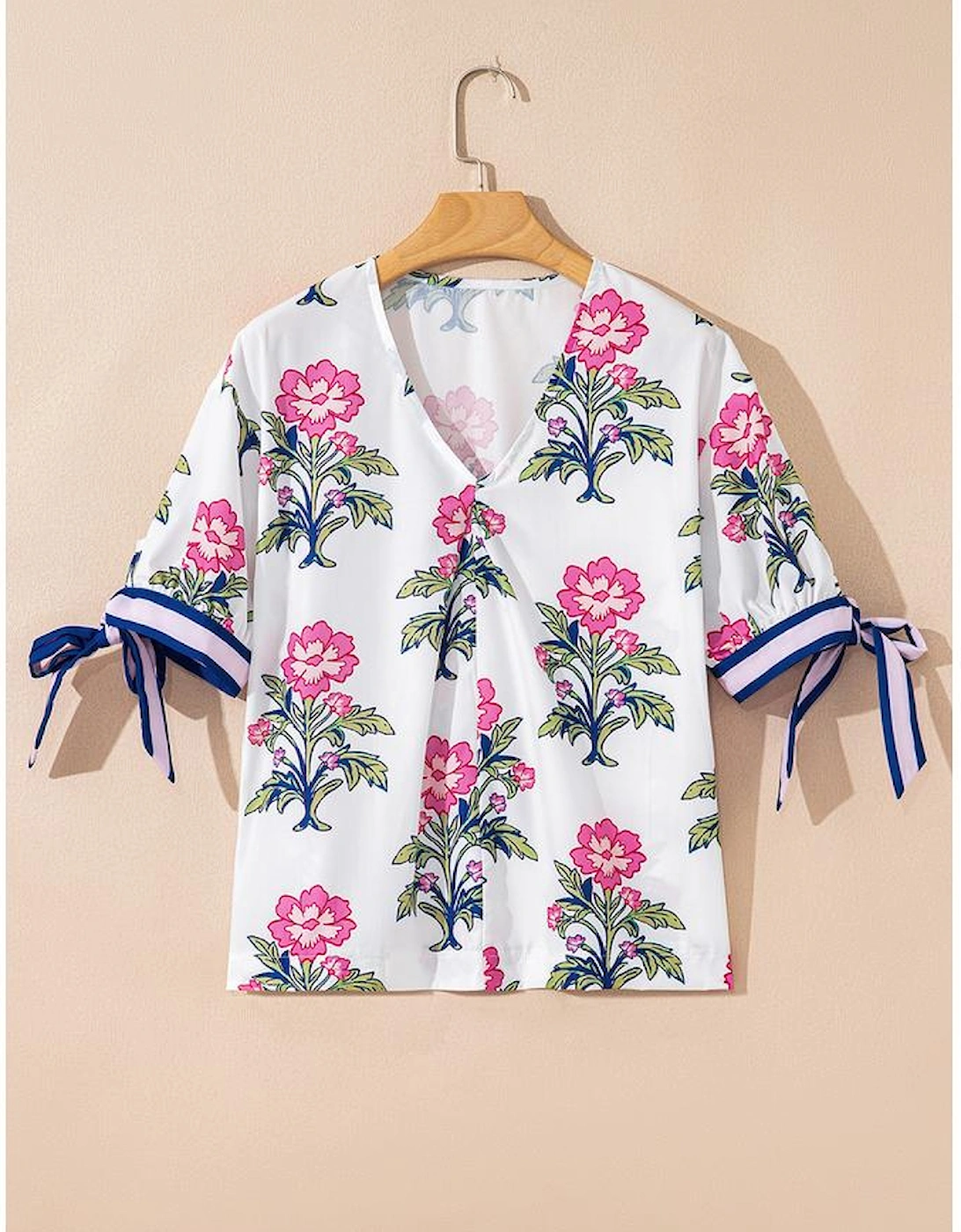White Floral Colorblock Stripe Knot Bubble Sleeve V Neck Blouse