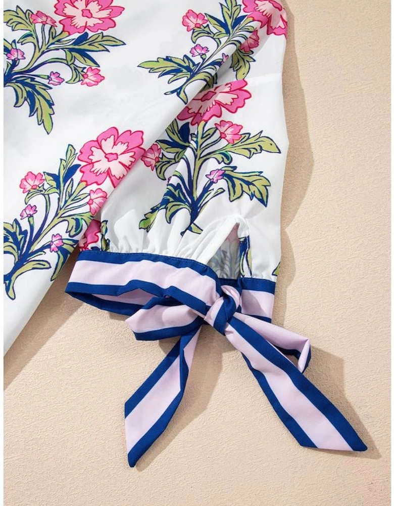 White Floral Colorblock Stripe Knot Bubble Sleeve V Neck Blouse