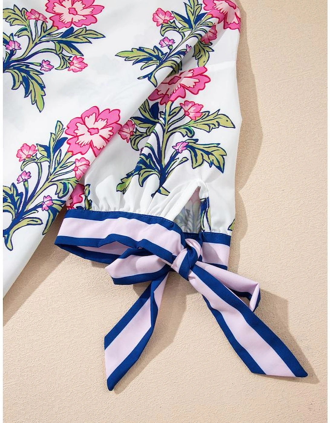 White Floral Colorblock Stripe Knot Bubble Sleeve V Neck Blouse