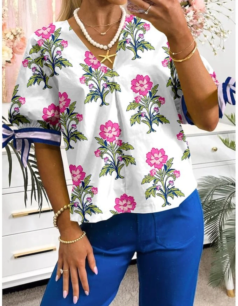 White Floral Colorblock Stripe Knot Bubble Sleeve V Neck Blouse