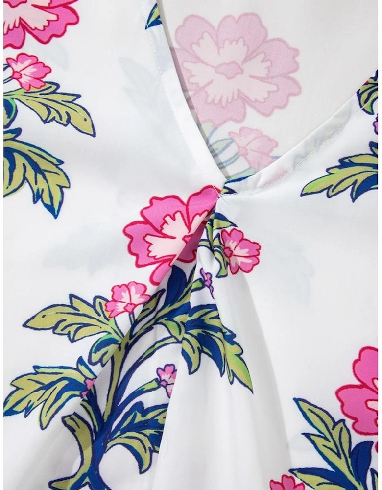 White Floral Colorblock Stripe Knot Bubble Sleeve V Neck Blouse