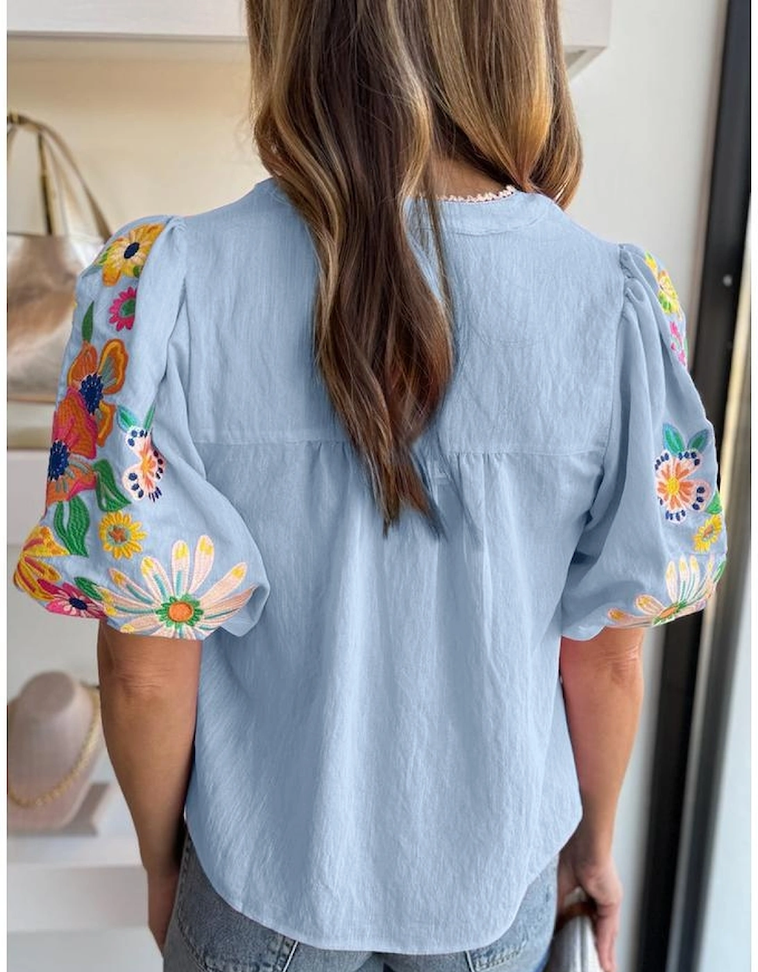 Beau Blue Floral Embroidered Puff Sleeve Split Neck Blouse, 3 of 2