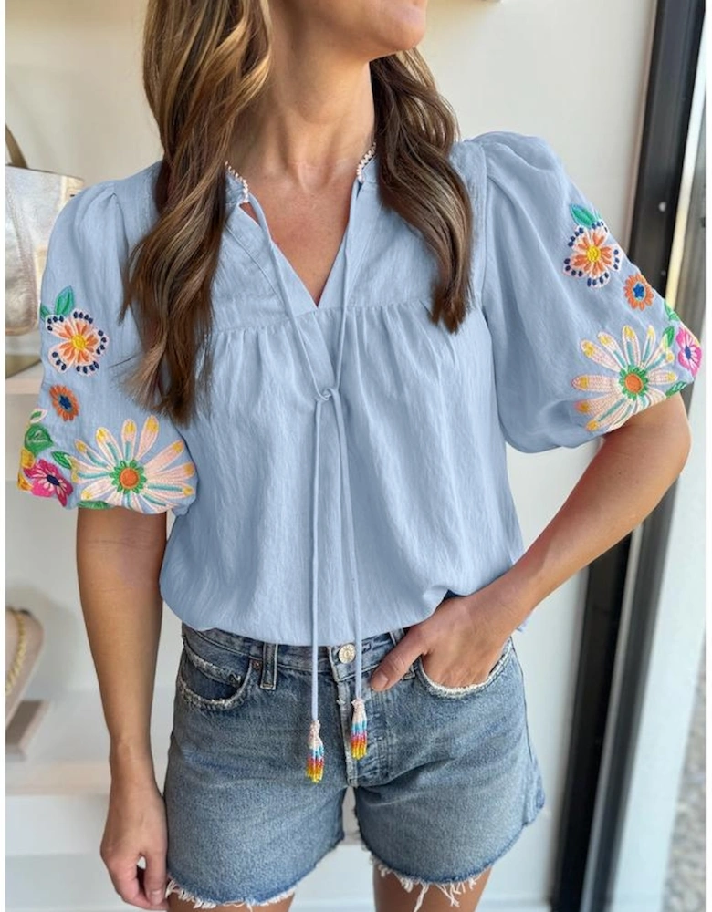 Beau Blue Floral Embroidered Puff Sleeve Split Neck Blouse