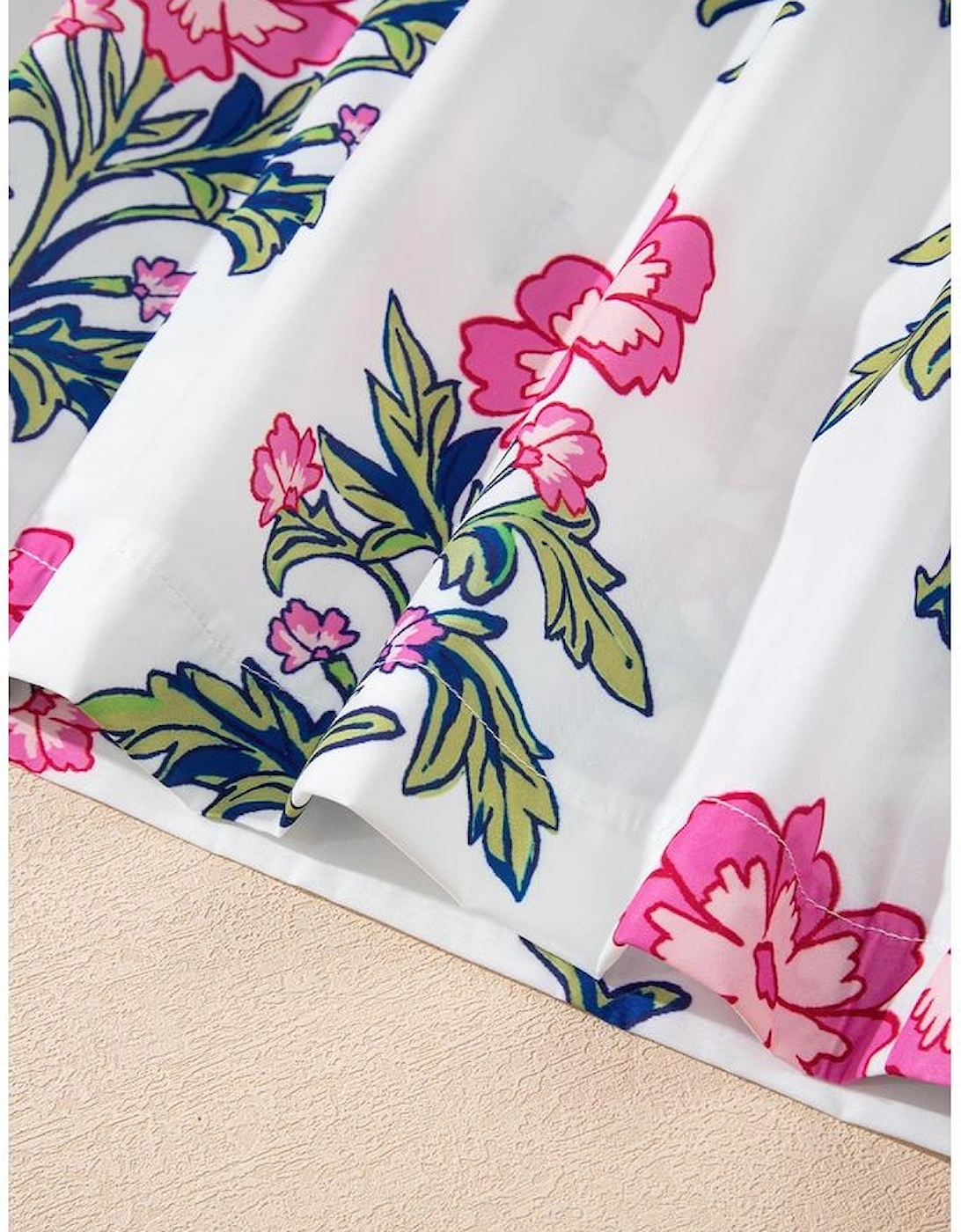 White Floral Colorblock Stripe Knot Bubble Sleeve V Neck Blouse