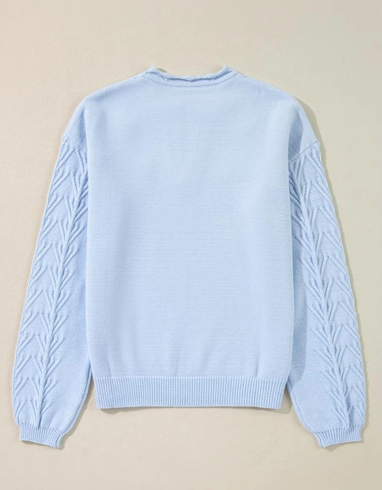 Beau Blue Flower Detail Knitted Notched Neck Sweater