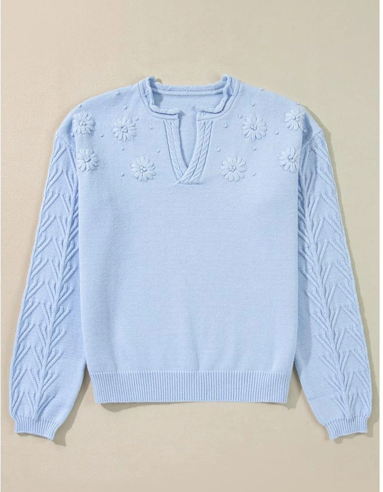 Beau Blue Flower Detail Knitted Notched Neck Sweater
