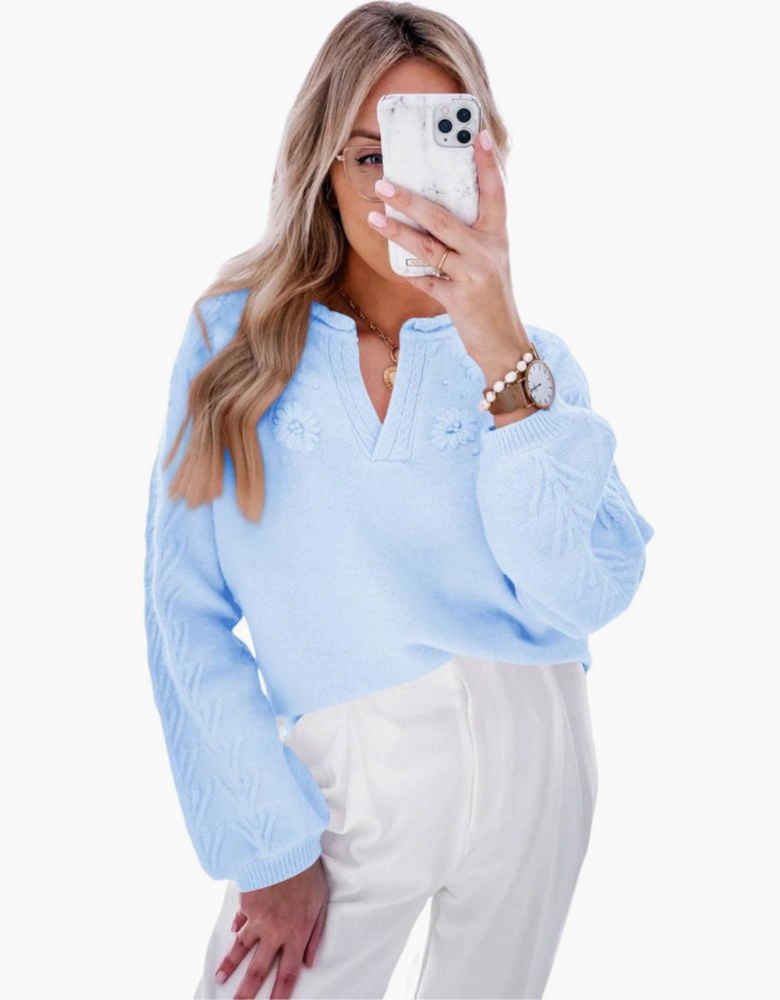 Beau Blue Flower Detail Knitted Notched Neck Sweater