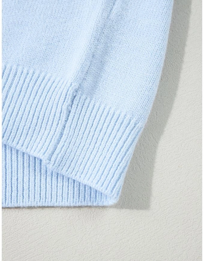 Beau Blue Flower Detail Knitted Notched Neck Sweater