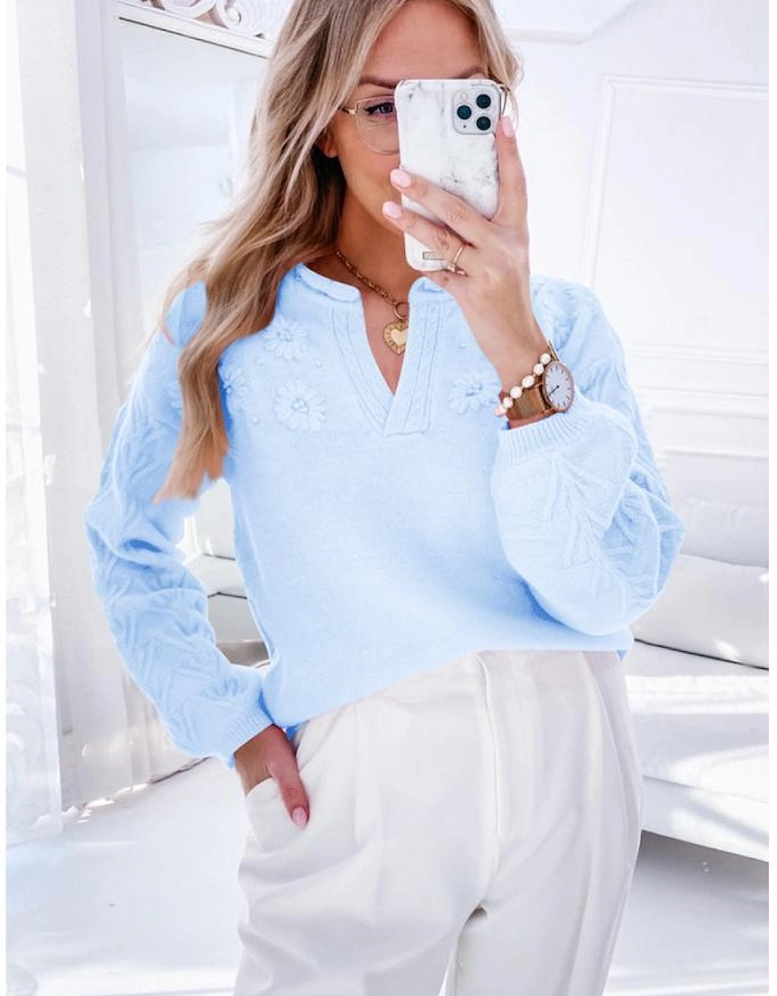 Beau Blue Flower Detail Knitted Notched Neck Sweater